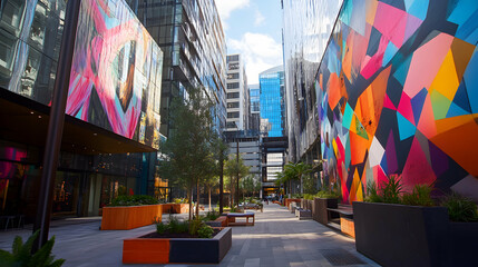 Modern Urban Landscape Colorful Mural in City Park Daytime