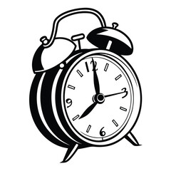 Black and white vintage alarm clock illustration with classic design elements