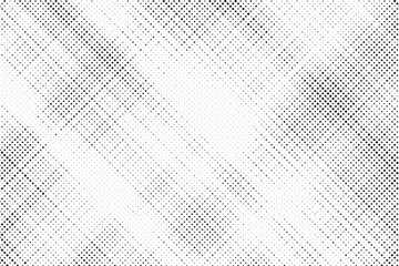 Grunge halftone gradient background. Faded grit noise texture. White and black sand wallpaper. Retro pixelated backdrop. Anime or manga style comic overlay. Vector graphic design textured template