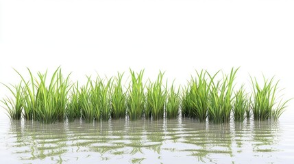 Vivid green grass tufts rise from serene, reflective water under bright, white light