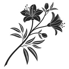 Elegant botanical illustration of blooming flowers and leaves in a monochrome style