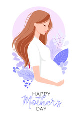 Pregnant woman with long hair in white dress holding her belly, surrounded by purple leaves with text Happy Mothers Day