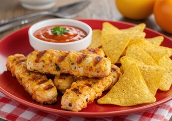 Grilled chicken skewers served with crispy tortilla chips and marinara sauce on a rustic wooden table for a delicious appetizer or meal option