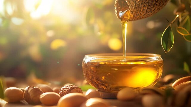 A jar of honey is poured into a glass. The jar is full of honey and the glass is almost empty