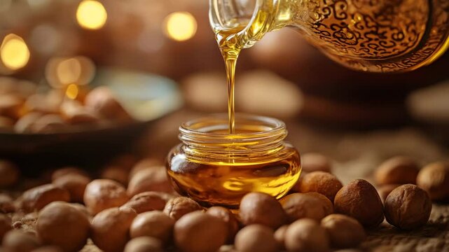 A jar of honey is poured into a glass. The jar is full of honey and the glass is almost empty