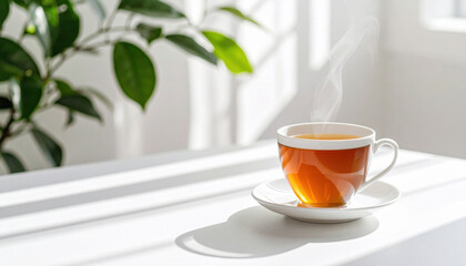 Steaming cup of black tea sits on white table, bathed in sunlight with plant in background, creating serene atmosphere