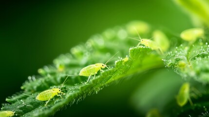 Close up of green aphids on a vibrant green leaf.  Illustrates pest control, nature, and macro photography.