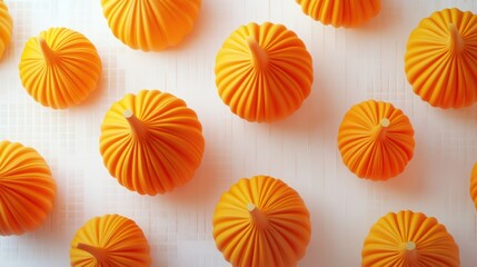 Many small orange pumpkins on light background, viewed from above