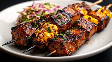 Delicious Grilled Tofu and Corn Skewers with Coleslaw.  Vegan, vegetarian, healthy, summer food concept.