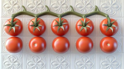 A row of five red tomatoes on a vine with five more under it, over tile design