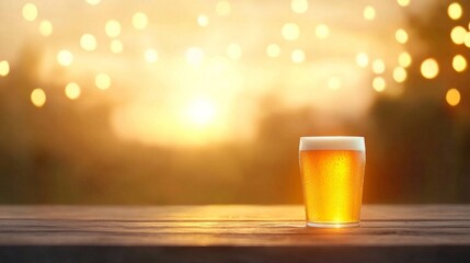 Refreshing glass of beer on wooden table at sunset.  Perfect for summer, relaxation, and brewery concepts.