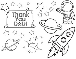 cute idea for father's da DIY cosmic gift: coloring page with Thank You Dad text; printable kis activity in US size easy to download; theme with: 