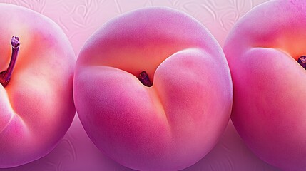 Three pink-hued fruits aligned horizontally on a pale, textured pink background