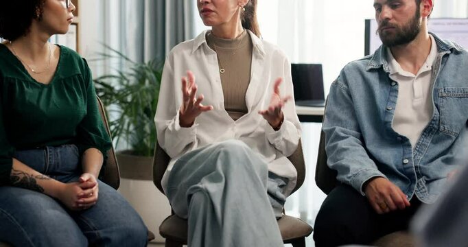 Business, therapy or people with meeting in office for stress management, mental health or healing. Support group, employees or circle discussion for conflict resolution, problem solving or listening