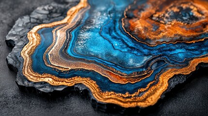 Resin art coaster, blue gold hues, dark background, home decor