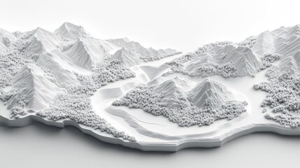Monochrome 3D rendering of mountainous terrain with a body of water