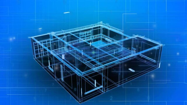 When blue grid appearing, 3D wireframe slab, walls and roof rising, demonstrating build process