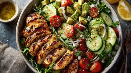 Grilled chicken salad with fresh vegetables, herbs and a lemon wedge, a nutritious meal