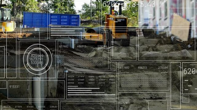 Construction operator starting compactor and rolling soil for even grading with animated grid