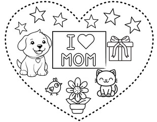 cute printable heart shape children coloring page with i love mom text; outline set of adorable elements like: stars, envelope, bird, flower, dog, cat, gift