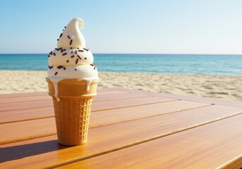 Delicious Soft Serve Ice Cream Cone with Chocolate Sprinkles on a Sunny Beach with Calm Waves and Clear Sky