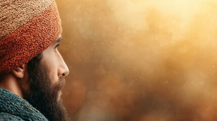 Thoughtful man in turban, profile view against a warm, blurred background.  Contemplation, reflection, peace, spirituality.