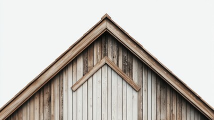 Gable end of a wooden building with triangle detail against a bright white background