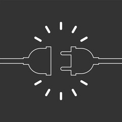 Electric socket and plug graphic icon. Electricity connection or disconnection sign isolated on black background. Vector illustration