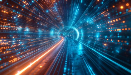 Fototapeta premium Futuristic glowing tunnel with digital light trails and dynamic motion effect