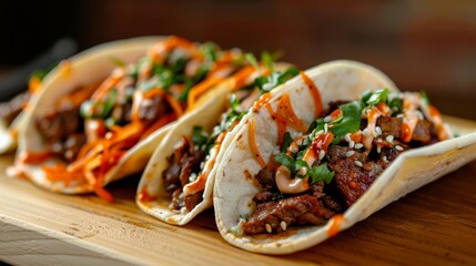 Three Asian fusion tacos with marinated beef, sesame seeds, cashews, and a spicy sauce.  Close up shot of flavorful food.