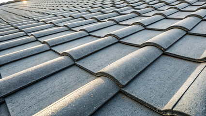 Modern metal roof with black ceramic-style tiles. Close-up of contemporary roofing system with wavy profile and sleek finish. For architecture, construction, and roofing industry visuals