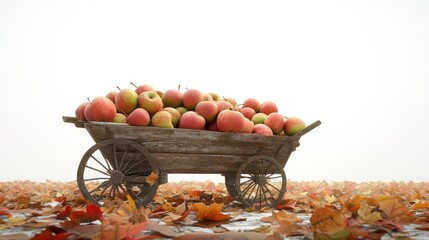 A wooden cart overflows with red apples, resting on a carpet of fallen autumn leaves