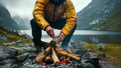 Man starting campfire with wood at lake surrounded by mountains, travel.