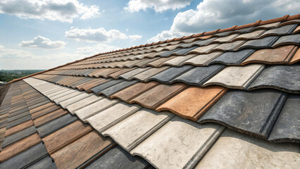 Modern metal roof with black ceramic-style tiles. Close-up of contemporary roofing system with wavy profile and sleek finish. For architecture, construction, and roofing industry visuals