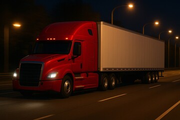 Czerwona ciężar&oacute;wka w nocy