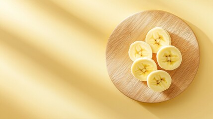Top view of sliced bananas on a round wooden board, bathed in sunlight.  Healthy eating, breakfast, tropical fruit concept.