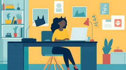 Fototapeta premium A woman working on a laptop in a cozy home office with colorful decor and plants around her