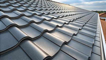 Modern metal roof with black ceramic-style tiles. Close-up of contemporary roofing system with wavy profile and sleek finish. For architecture, construction, and roofing industry visuals