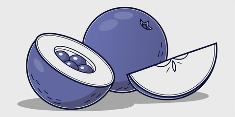 A vibrant illustration showcasing a halved passion fruit, a whole passion fruit, and a slice of apple, all rendered in a striking blue hue.