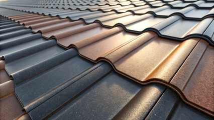 Modern metal roof with black ceramic-style tiles. Close-up of contemporary roofing system with wavy profile and sleek finish. For architecture, construction, and roofing industry visuals