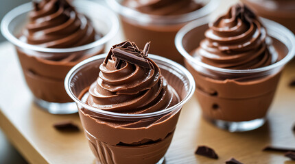 Сhocolate mousse dessert in transparent plastic cups with spiral creamy topping and dark chocolate shavings. For pastry shop advertising, food blogs, restaurant menus, gourmet packaging design