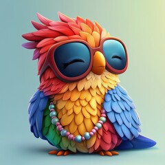 A vibrant, whimsical bird with colorful feathers, oversized sunglasses, and a playful expression, exuding a fun and cheerful vibe.