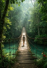 Fototapeta premium Woman Trekking Across Rustic Suspension Bridge in Lush Green Jungle