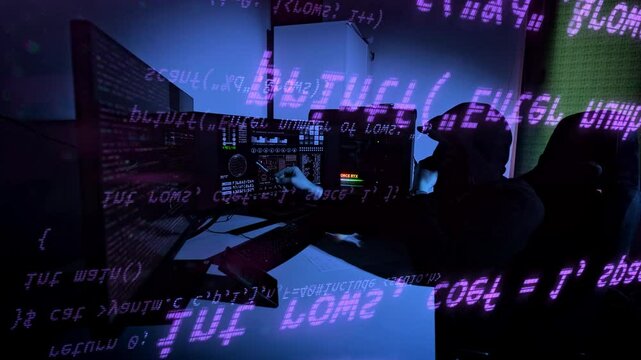 Blue-lit hacker overwhelmed by data breach discovery as digital code floats past