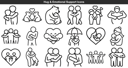 Outline Icon Set Showcasing Different Forms of Hugs and Emotional Support