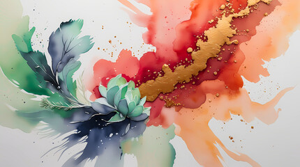 Watercolor stains with gold foil inserts. Abstract background with liquid paint spreads and metallic highlights, for branding, stationery, packaging, interior prints, web design, posters