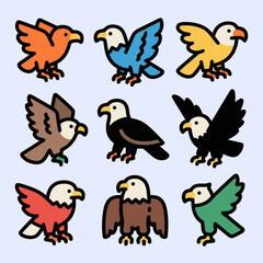 Naklejka premium Colorful cartoon eagle in various poses collection icon vector. Great for mascot, animal logo, kids sticker, and fun educational illustrations.