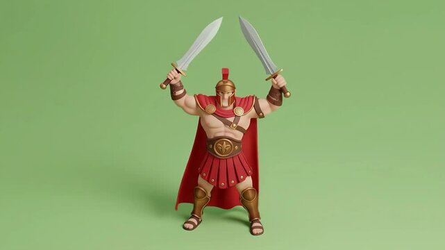Centurion's Victory: A formidable centurion figure stands tall, two swords raised in a pose of triumph and power, as they face off against a background. This image evokes courage, strength.