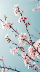 Delicate cherry blossom branches blooming against a clear pastel blue sky in spring