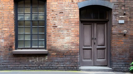 Exterior of Weathered Brick Building with Dark Brown Door and Multi Pane Window